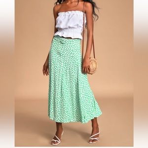Valensole Green Floral Print Belted Midi Skirt Size S